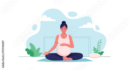 Adobe illustrator artwork vector illustration of a serene pregnant woman meditating in a lotus position, gently holding her belly, embodying peace, wellness, and prenatal mindfulness