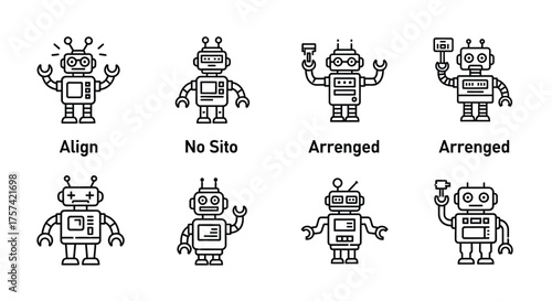 Collection of eight charming hand drawn robot characters with unique poses and antennas vector
