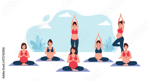 Adobe illustrator artwork vector illustration of a diverse group of pregnant women performing various yoga poses in a bright studio, emphasizing health, wellness, and prenatal fitness