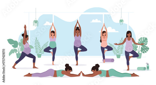 Adobe illustrator artwork vector illustration of a diverse group of pregnant women performing various yoga poses in a bright studio, emphasizing health, wellness, and prenatal fitness
