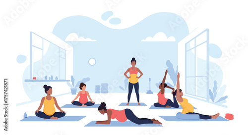 Adobe illustrator artwork vector illustration of a diverse group of pregnant women performing various yoga poses in a bright studio, emphasizing health, wellness, and prenatal fitness