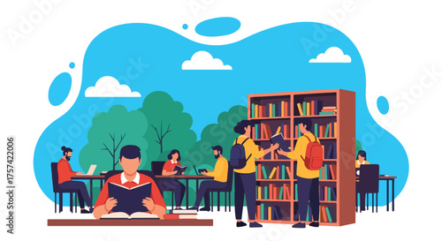 Adobe illustrator artwork vector illustration of a bustling modern library, with diverse students actively reading, studying, and selecting books, emphasizing a vibrant learning atmosphere