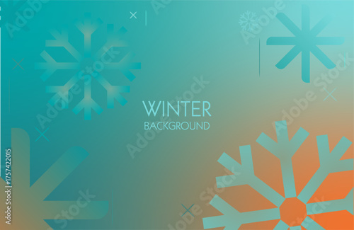 Abstract minimal winter background with geometric snowflakes in blue and orange gradient tones. Clean modern vector illustration for holiday cards, banners, posters, and seasonal design projects.