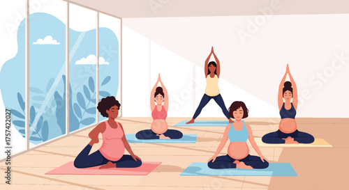 Adobe illustrator artwork vector illustration of a diverse group of pregnant women performing various yoga poses in a bright studio, emphasizing health, wellness, and prenatal fitness