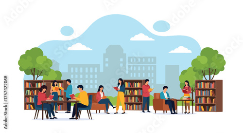 Adobe illustrator artwork vector illustration of a bustling modern library, with diverse students actively reading, studying, and selecting books, emphasizing a vibrant learning atmosphere