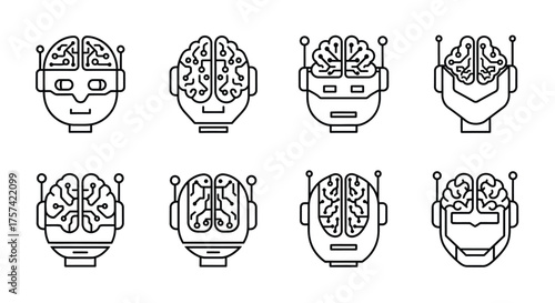Abstract robot head icons featuring visible brain elements for artificial intelligence concepts vector