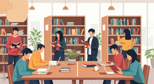 Adobe illustrator artwork vector illustration of a bustling modern library, with diverse students actively reading, studying, and selecting books, emphasizing a vibrant learning atmosphere