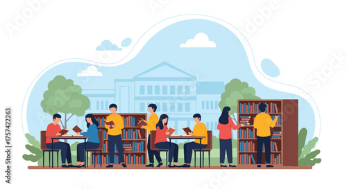 Adobe illustrator artwork vector illustration of a bustling modern library, with diverse students actively reading, studying, and selecting books, emphasizing a vibrant learning atmosphere