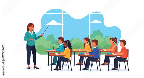 Adobe illustrator artwork vector illustration of a diverse classroom with a female teacher pointing at a lesson, and young students sitting at desks, learning in an engaging environment