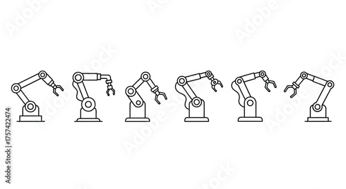 Industrial robotic arms in sequential poses demonstrating motion and automation technology vector