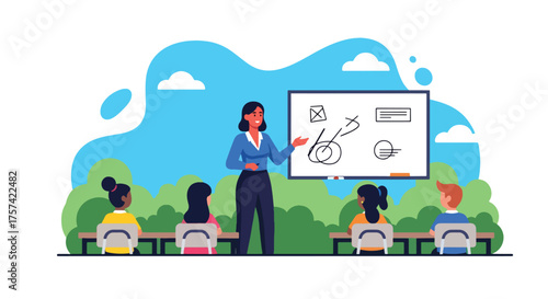 Adobe illustrator artwork vector illustration of a diverse classroom with a female teacher pointing at a lesson, and young students sitting at desks, learning in an engaging environment