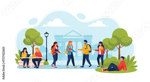 Adobe illustrator artwork vector illustration of a lively university campus scene, depicting students engaged in various academic and social activities outdoors