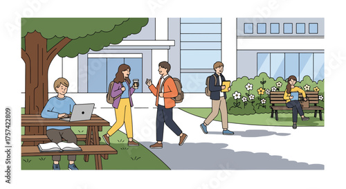 Adobe illustrator artwork vector illustration of a lively university campus scene, depicting students engaged in various academic and social activities outdoors