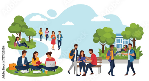 Adobe illustrator artwork vector illustration of a lively university campus scene, depicting students engaged in various academic and social activities outdoors