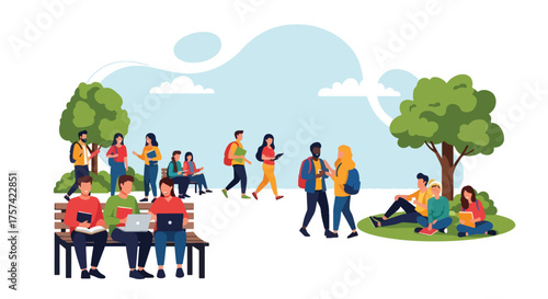Adobe illustrator artwork vector illustration of a lively university campus scene, depicting students engaged in various academic and social activities outdoors