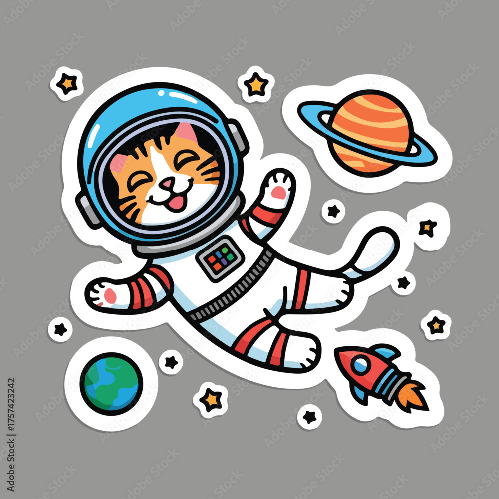 Fototapeta premium Unique vector art for National Cat Day with whimsical geometric cats, fantasy scenes, vintage posters, coffee, planets, yarn & cute seamless doodles
