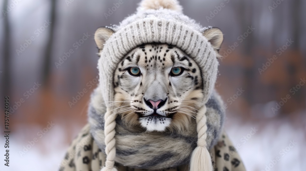 Obraz premium A cute portrait of a snow leopard wearing a knitted hat and scarf. A funny snow leopard. Pet clothing. A collection of animal posters. A collection of knitted clothing.