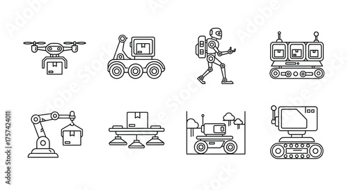 Futuristic robotics and automation technology concepts collection hand drawn line art icons vector