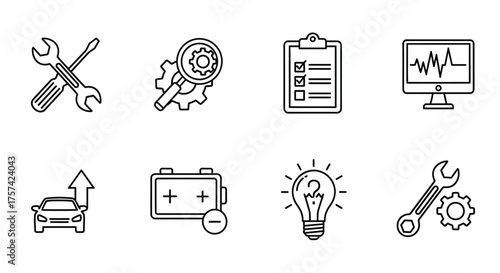 Collection of line art icons representing repair maintenance tools and technical concepts vector
