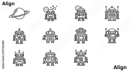 Collection of cute robot icons and a planet offering creative design elements vector