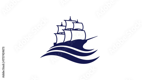 Classic Blue Sailing Ship Silhouette Vector Logo on Ocean Waves