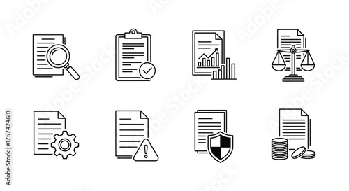 Document icons representing legal compliance security data analysis and auditing processes vector