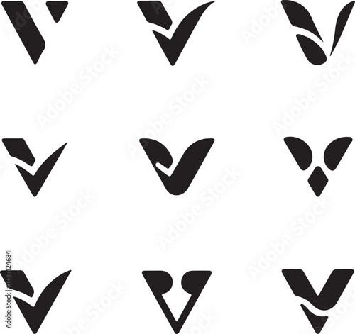 Collection of nine black letter v logos isolated on white background for branding
