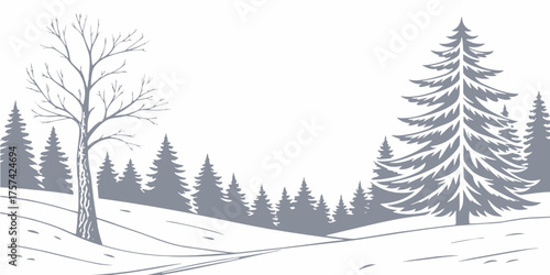 Winter snowy forest. Winter forest landscape drawing. Vector illustration