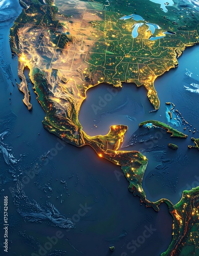 A vibrant illuminated satellite view of North and Central America