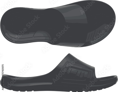 Black slide sandals, ergonomic slip-on footwear, textured sole grip, molded footbed, casual unisex comfort shoes, durable strap design, cad drawing flat vector illustration