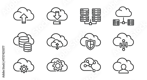 Cloud computing icons set data storage network security upload download icons vector