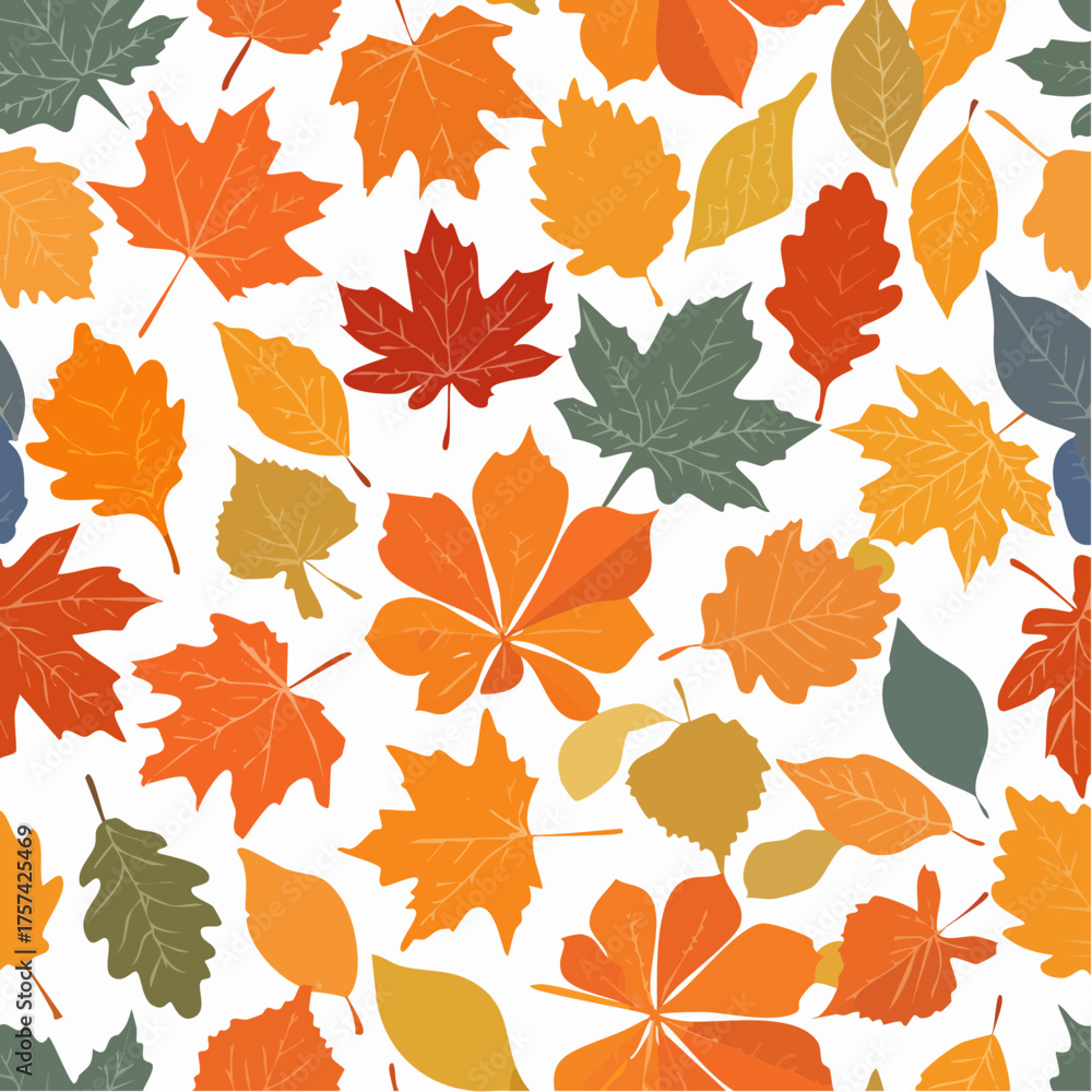 Obraz premium Seamless Pattern of Colorful Autumn Leaves Featuring Maple, Oak, and Chestnut Shapes on White Background