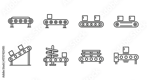 Set of industrial conveyor belt systems and automated packaging lines icons vector