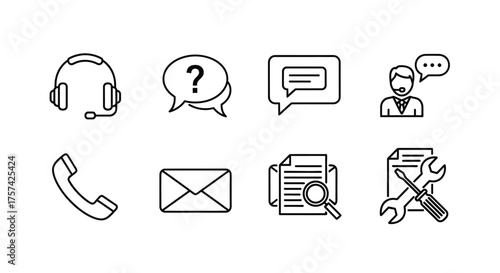 Set of hand-drawn line art icons representing customer support communication and services vector