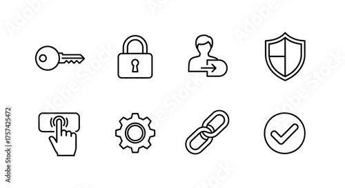 Set of security and access icons including key lock user shield settings link and checkmark vector