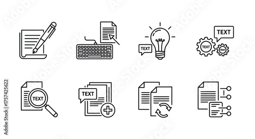 Set of business and technology icons representing document management idea generation and data analysis vector