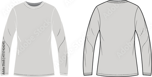 Crew neck shirt flat sketch, long sleeve design, articulated seam detail, tailored silhouette, casual unisex apparel, cad drawing fashion vector illustration
