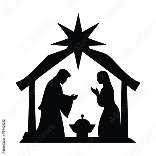 Nativity scene with star above manger vector silhouette illustration