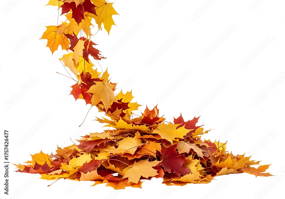 Fototapeta premium A cascade of colorful autumn maple leaves falling and piling up, isolated on transparent background, representing the transition of seasons and the beauty of natures decay
