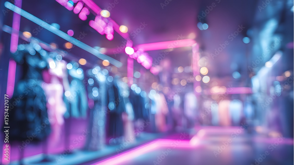 Naklejka premium Luxury Halloween store blurred high-fashion costume display with neon lighting