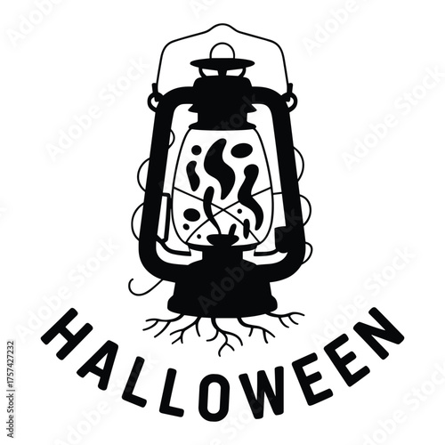 Wallpaper Mural Black silhouette of a vintage lantern with roots and Halloween text on white background Keywords: halloween, lantern, vintage, lamp, light, spooky, creepy, roots, branches, night, dark Torontodigital.ca