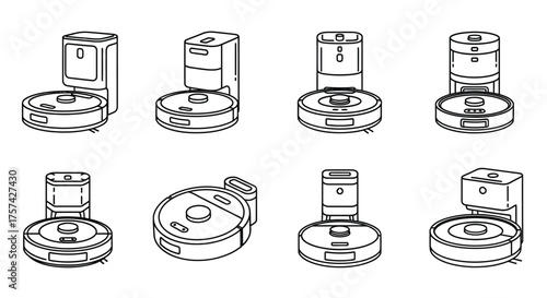 Set of robot vacuum cleaner with selfemptying base isolated on white background
