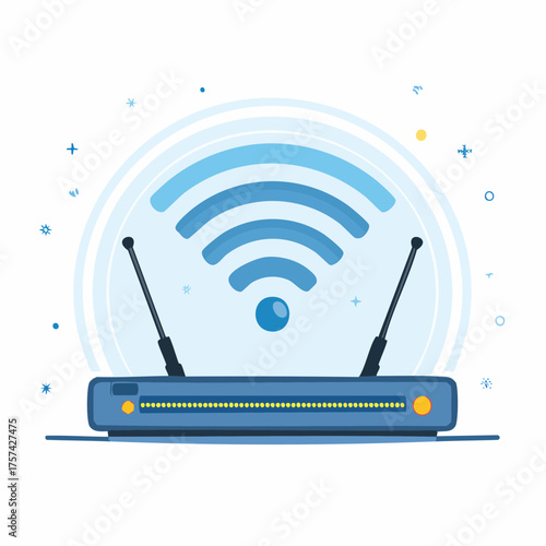 Wireless Router with Antennas, Ethernet Ports, and Digital Network Schematic Representing Internet Connectivity and Data Flow