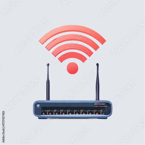 Wireless Router with Antennas, Ethernet Ports, and Digital Network Schematic Representing Internet Connectivity and Data Flow