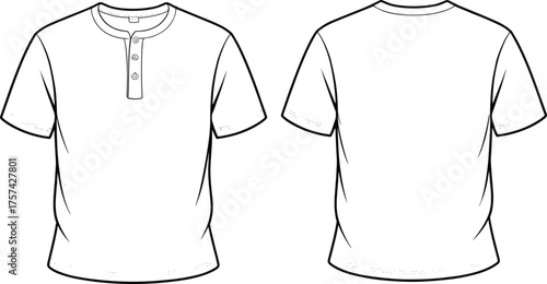 Henley shirt illustration, short sleeve apparel flat sketch, three button placket, round neckline, casual unisex clothing, cad drawing fashion vector template
