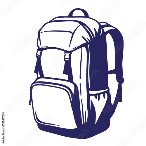Vector illustration of a detailed hiking or camping backpack in a simple two color design