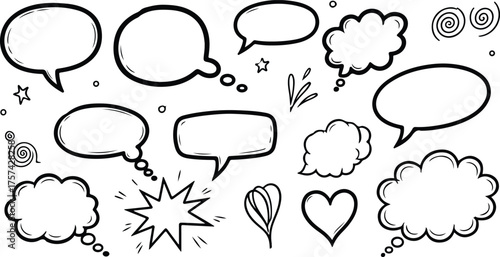 Set of handdrawn speech bubbles isolated on white background doodle style thinking balloons with different shapes and sizes vector illustration of communication elements