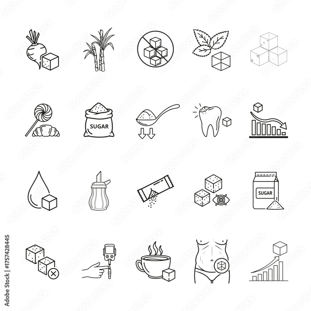 Fototapeta premium Sugar Line Icons Set | Sweet Food Vector Symbols for Baking, Dessert and Candy Design