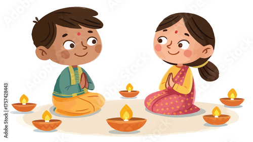 Two Children with Praying Hands Surrounded by Diyas