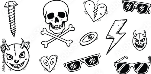 Handdrawn doodle set isolated on white background featuring a screw, skull, broken heart, eye, lightning bolt, sunglasses, and devil teddy bear, creating a whimsical and edgy collection
